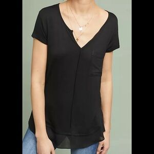 Anthropologie Bordeaux Kerry Tee Black V-Neck Pocket Short Sleeve Top